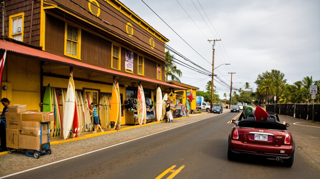 Haleiwa ofreciendo una pequeña ciudad o pueblo y escenas urbanas y también un pequeño grupo de personas