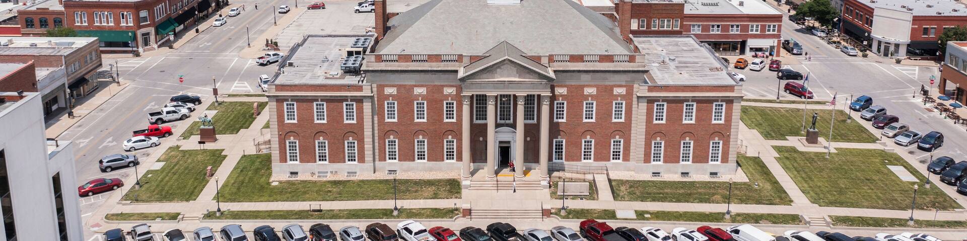 Independence, Missouri, USA - June 16, 2023: Afternoon sunlight shines on the historic core of downtown Independence.