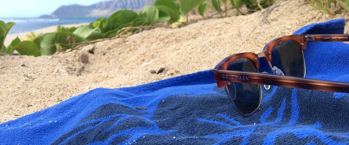 Sunglasses on a blue towel on a sandy beach with palm trees and a mountain in the background.