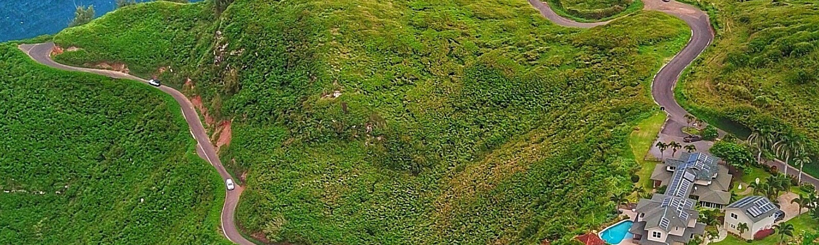 Drone image of the road and terrain along the northeast coast of Maui