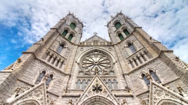 Una catedral de estilo gótico con dos torres gemelas, elaboradas esculturas de piedra y un gran rosetón.