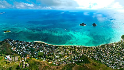 Aerial view of Lanikai Beach with houses along coastline