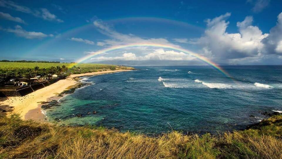 A coastal landscape with a clear blue sky, a rainbow, and ocean waves.
