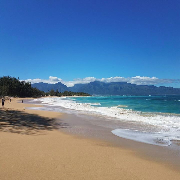 A beach with clear blue water, sandy shore, and distant mountains.