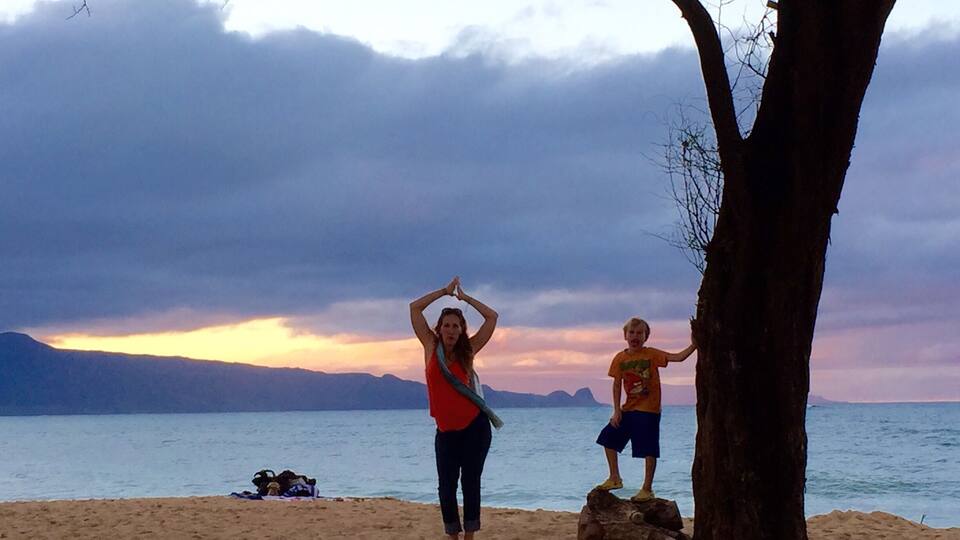 Two people on a beach with a tree, ocean, and mountains in the background.