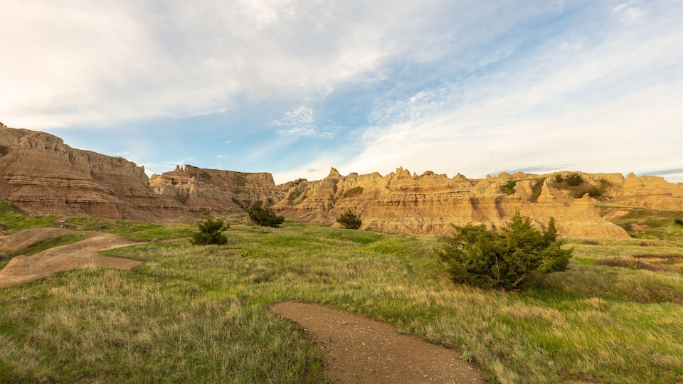A rugged landscape with a dirt path leading through a grassy field, surrounded by distinctive rock formations and sparse trees.
