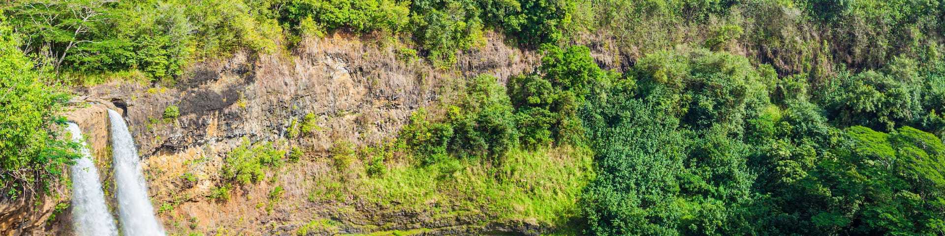 A waterfall cascading into a pool surrounded by lush greenery and a forested hillside.