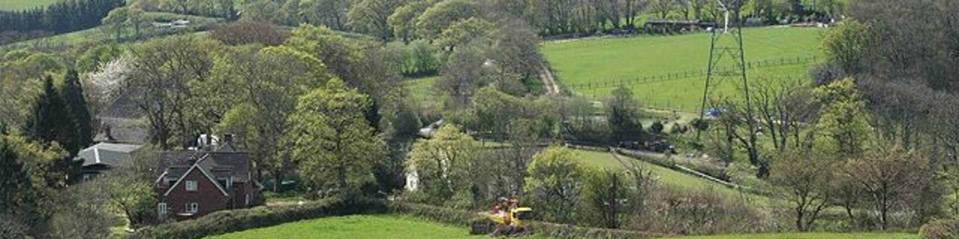 Dunchideock: view near Lawrence Castle Towards Lakeham Farm from a point below the belvedere. Looking west-south-west with the Teign valley in the distance - in the direction of Christow.