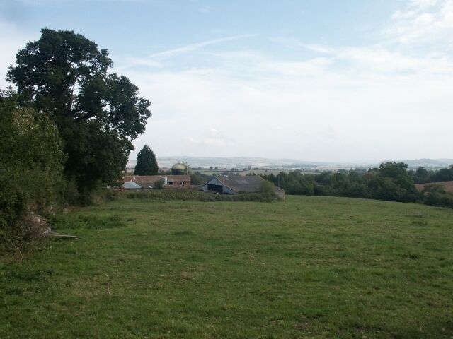 A grassy field with a large tree, a building with a dome, and a distant view of a town.