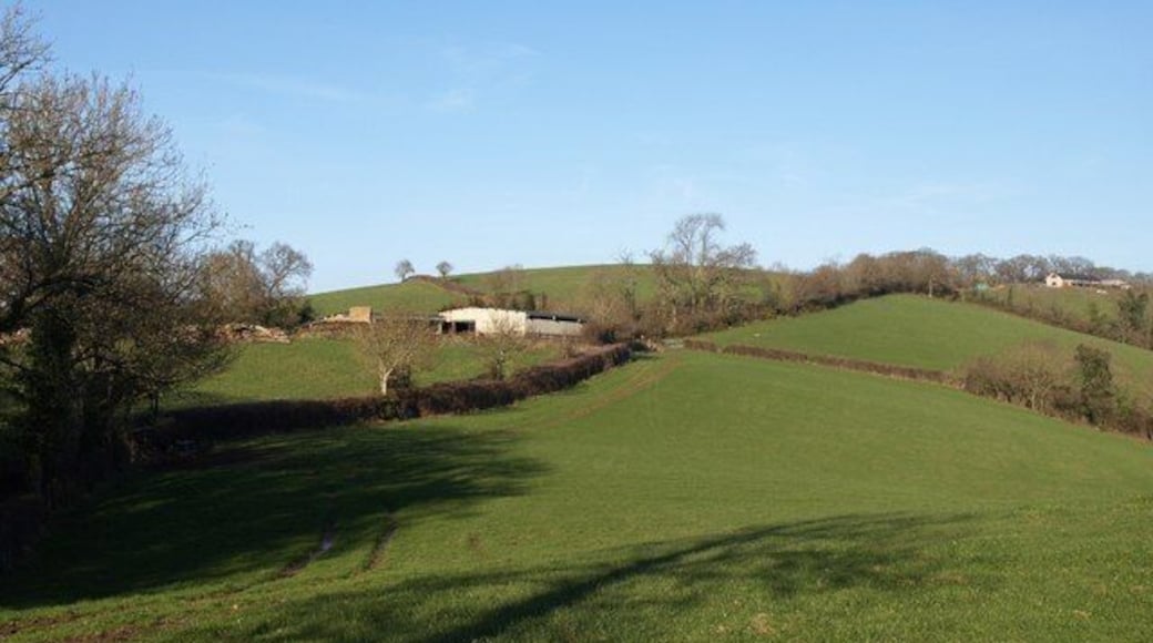 Farm buildings, Easternhill A group of outbuildings a little south of the farm at Easternhill. Doddiscombsleigh Footpath 2 follows the track along the edge of the field, before turning left behind the barns to keep to the left of the field boundary above them. The building at extreme right is a timber yard in SX8588.