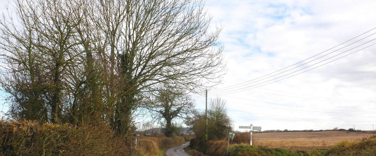 A rural road with a directional signpost, surrounded by trees and fields.