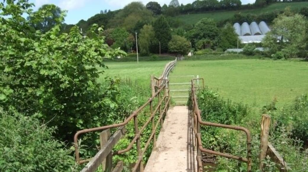Footbridge over the Alphin Brook Part of the Exeter Green Circle footpath. In the distance there are polytunnels on a fruit farm.