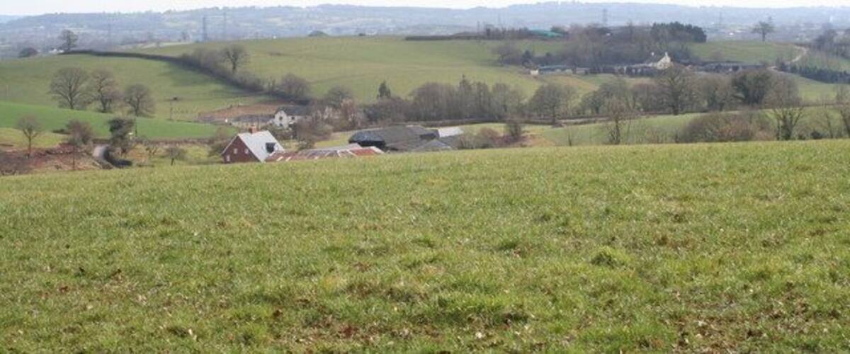 Rolling green hills, a small white house, and a distant town.