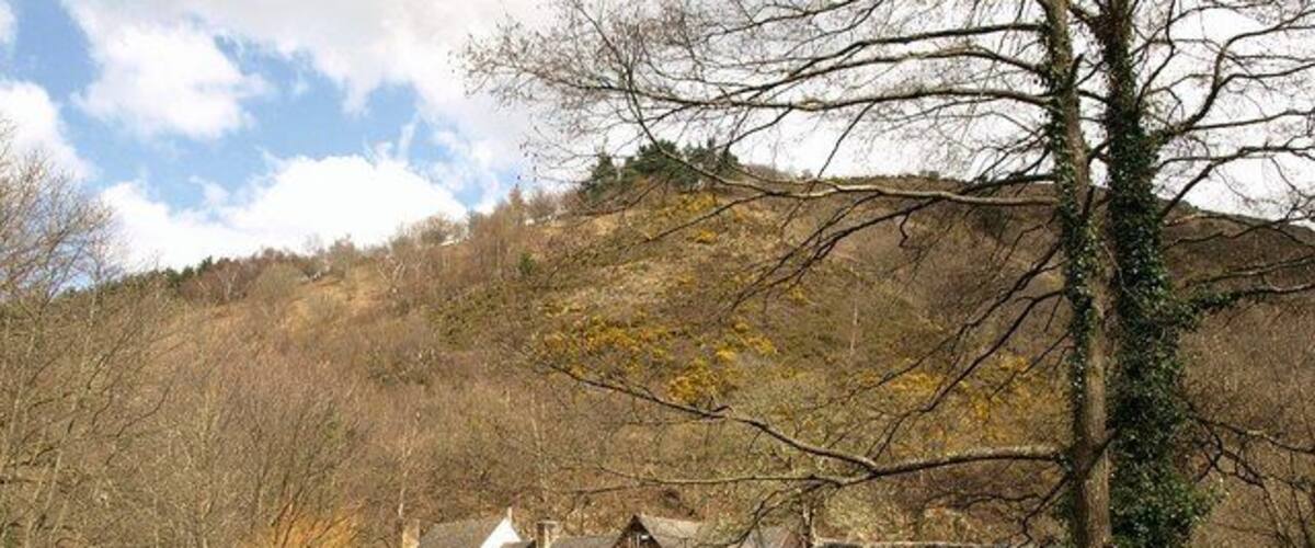 Fingle Bridge. Like 438994, a view from upstream on the right bank. The C16 or C17 bridge is described at http://www.imagesofengland.org.uk/details/default.aspx?id=85020 . The bridge and its surroundings were the subject of an early GWR jigsaw http://www.theoldtoyshop.com/GWRf.jpg . Behind rises Prestonbury Down, crowned by an Iron Age hill fort.