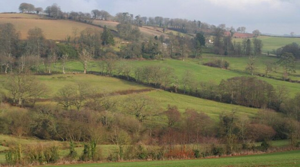 Cadbury: towards Fursdon House. Looking east. Fursdon House is half hidden by trees. The Fursdon family have lived here since the reign of Henry III