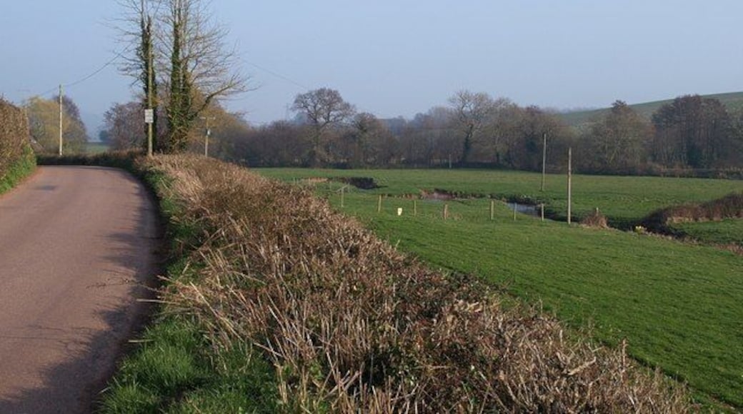 By the Kenn The River Kenn flows through a very gentle valley, and performs some wiggly little meanders just up ahead. The lane, with slight interruption to get across the A38 at Wobbly Wheel, remains close to its left bank for some 8 kilometres from Dunchideock downstream.