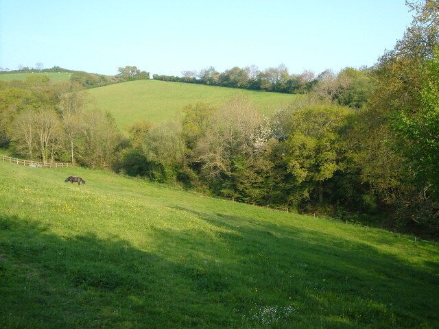 View near Clove Farm. This steep valley is seen from a metalled lane which is also classified as Holcombe Burnell bridleway no 7.