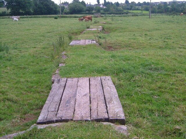 Footpath across meadow near Broadclyst. Looking east across the meadows of the infant River Clyst; visible in background are the houses of Broadclyst. Old railway sleepers (?) provide a causeway.