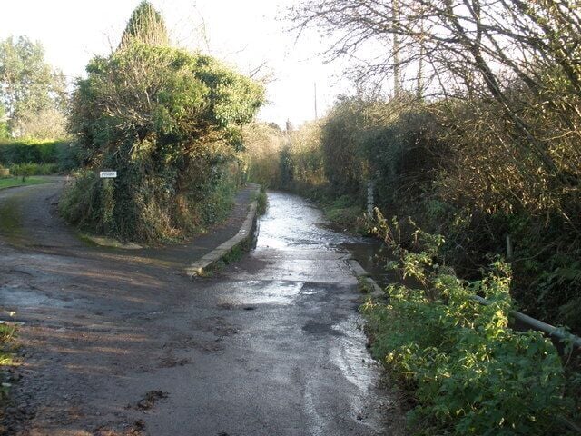 Entrance to the ford, College Lane, Ide On the approach to the village, from the west.