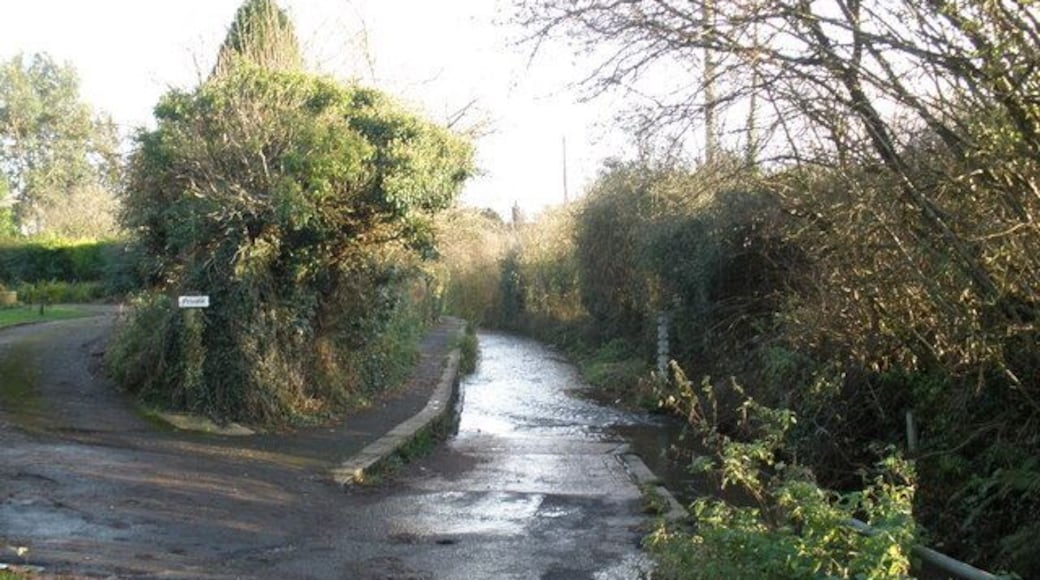 Entrance to the ford, College Lane, Ide On the approach to the village, from the west.