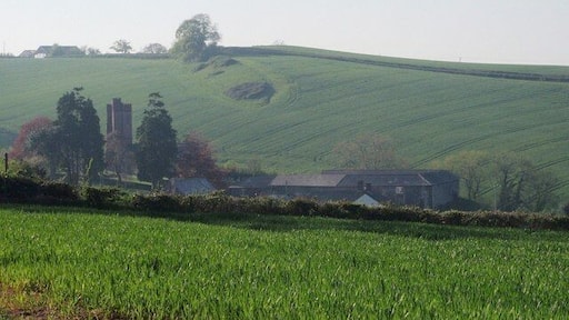 Dunchideock The church of St Michael and All Angels, and part of the neighbouring cluster of buildings, forms one group of the scattered village, on the side of a combe in the Haldon hills. Seen from the same place as 798493.