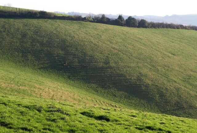 Terracettes below Windy Cross. The slopes above the source of Batt's Brook; a view to the left of 690553, taken from the same spot.