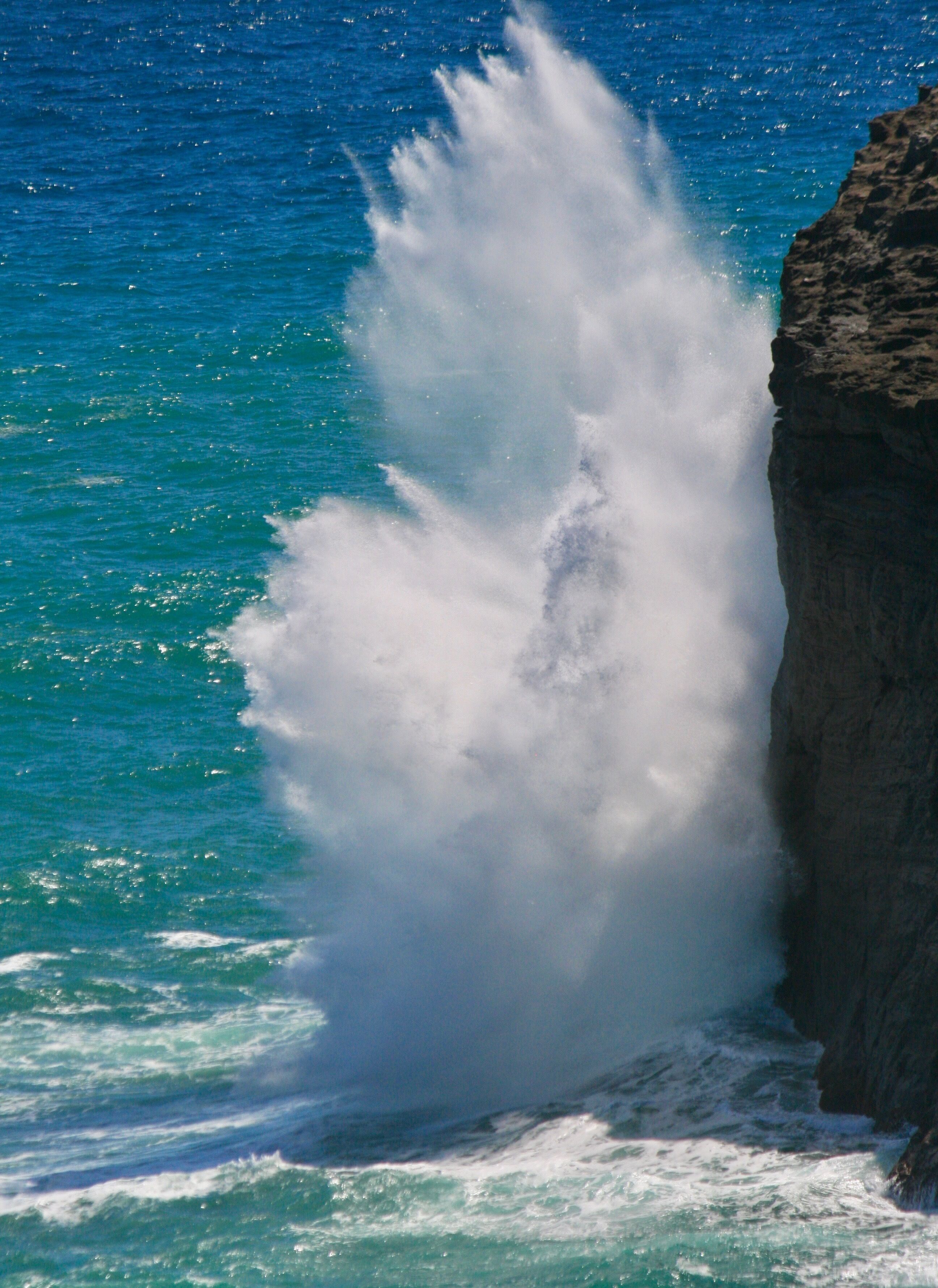 While visiting the Kilauea Point lighthouse, the ocean was making a loud "boom" across the bay to the west. The waves were crashing against the cliff and repeatedly splashing 40 feet high from small ocean swells. This was the only location the splashes were occurring. 

At Kilauea Point, one can view the Lighthouse, hundreds of Albatrosses, and the Kauai bird Nene.