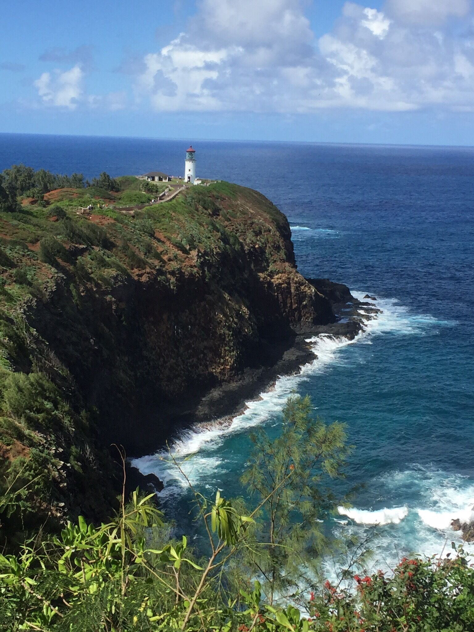 A lighthouse on a cliff overlooking the ocean.