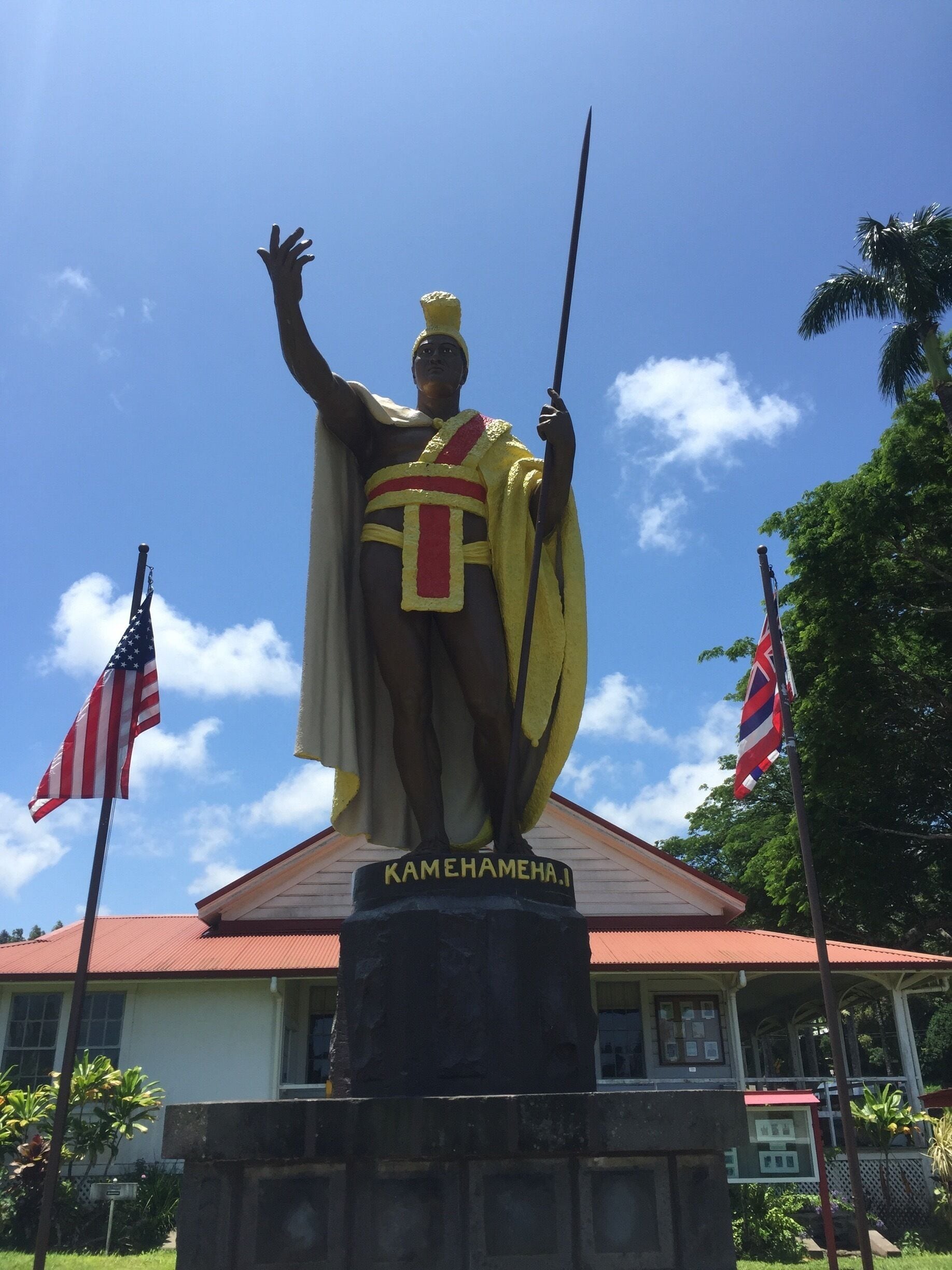 Original statue of Kamehameha, lost at sea, recovered and placed in Kapa'au where he spent his youth. 