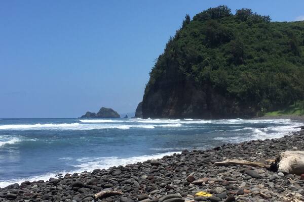 A rocky beach with waves crashing onto the shore, a forested cliff, and distant islands.