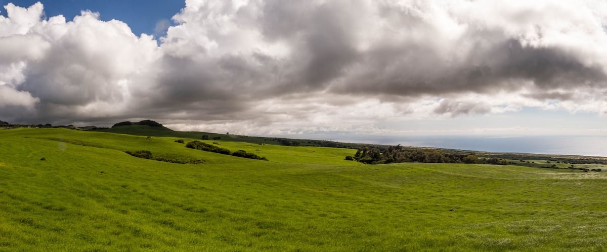 A green field with rolling hills and a cloudy sky.