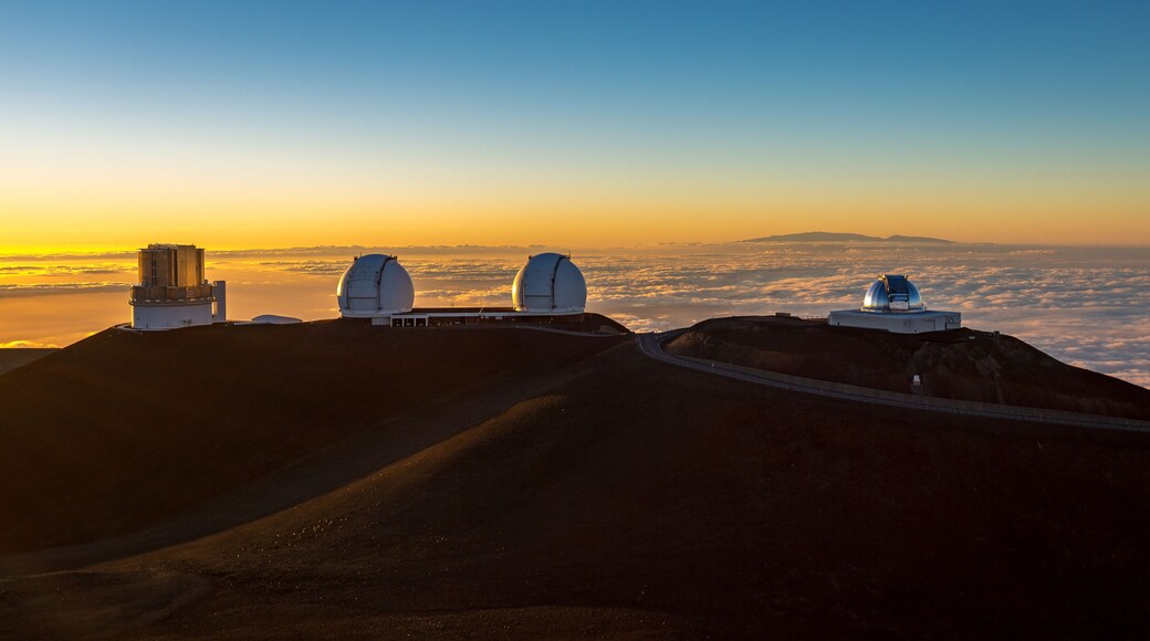 View on astronomic telescopes on Mauna Kea summit at sunset, Big Island, Hawaii