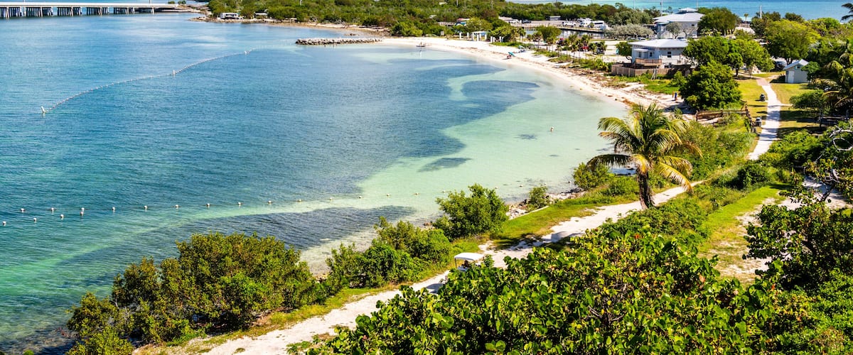 A coastal town with a beach, clear waters, a pier, and lush greenery.
