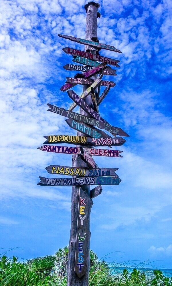 A wooden signpost with directional arrows pointing to various cities and distances.