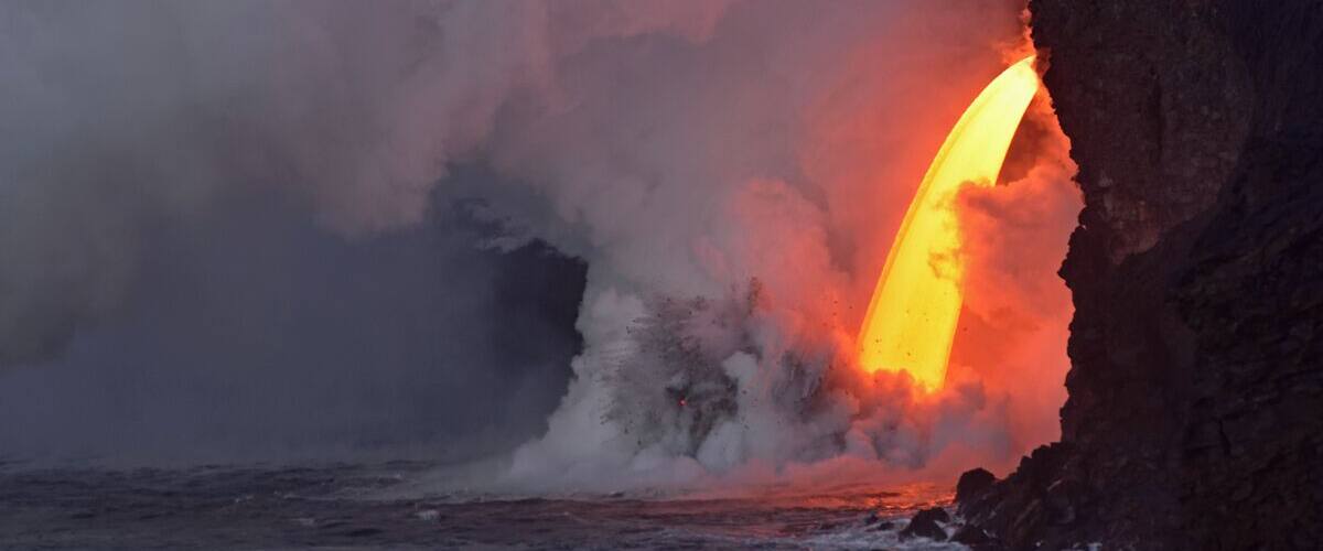 Early in the morning just after the sun had come up. Lava is very hard to expose correctly in total darkness. We timed our trip around the moon cycles so we could photograph the stars and lava together but during our stay in Volcano it was cloudy every day. In spite of that it was an amazing experience.
