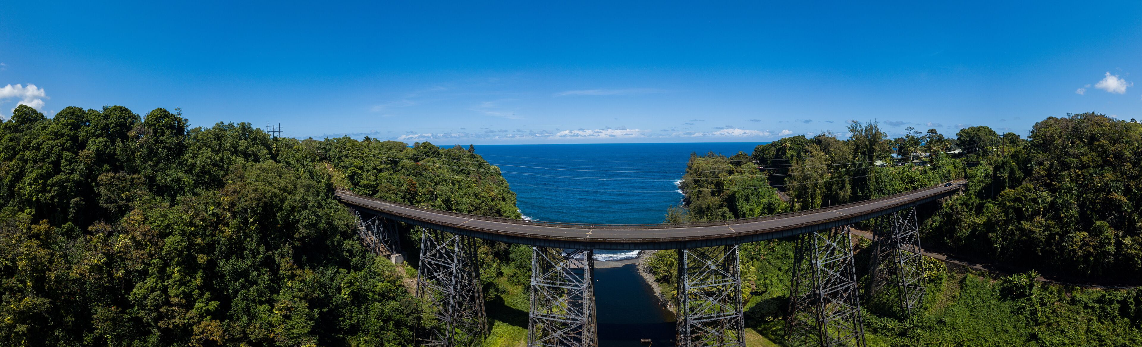 A bridge over a river with dense forest on both sides and a clear blue sky.