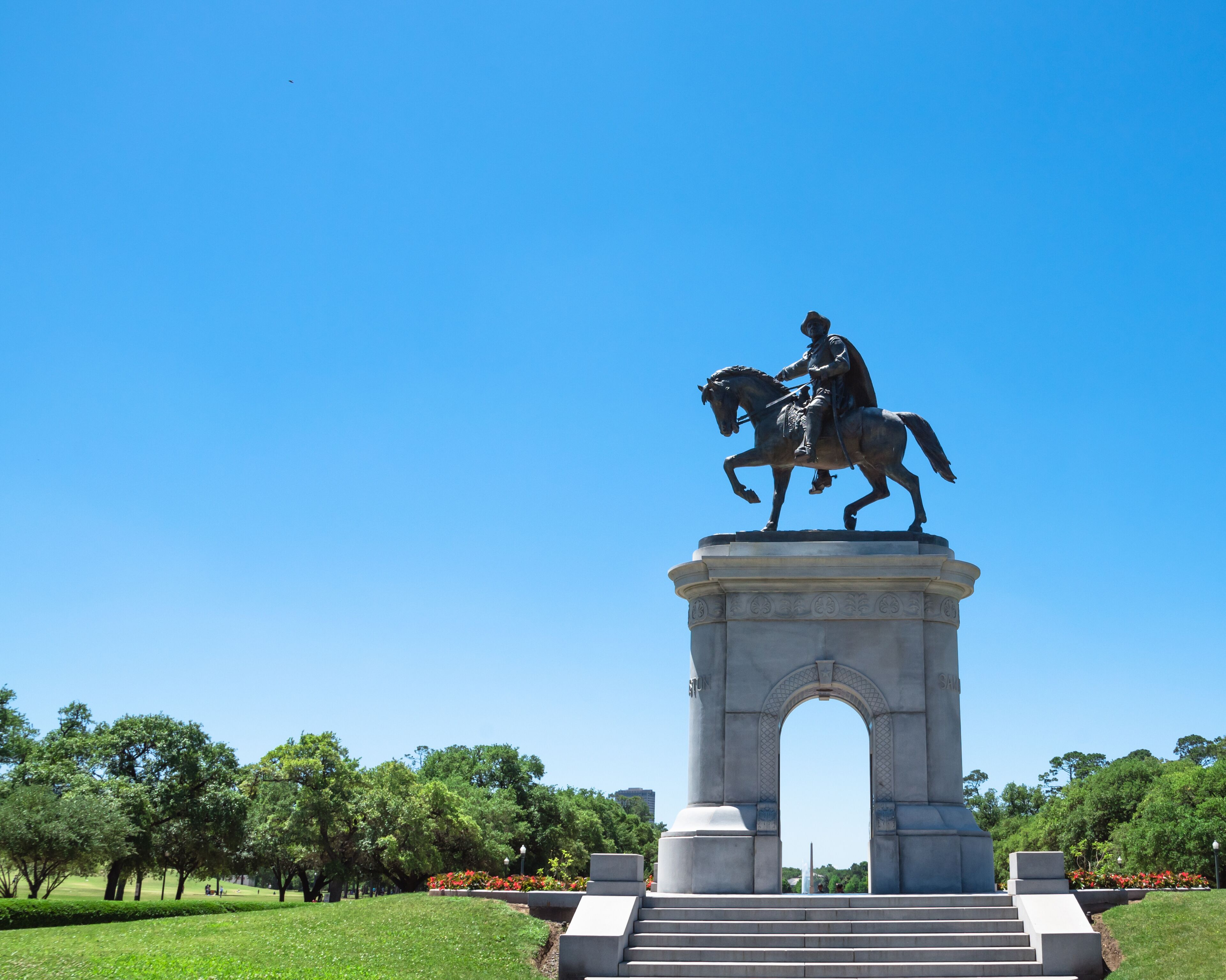 The statue of Sam Houston in Hermann Park, downtown of Houston, Texas, US. He was American politician and soldier, best known for role in bringing Texas into the United States as a constituent state.