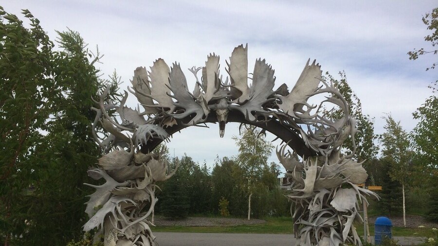 Moose antler arch near downtown Fairbanks AK. Claimed to be northernmost antler arch.