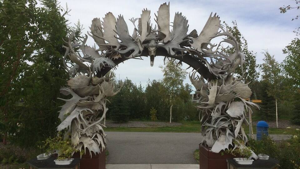 Moose antler arch near downtown Fairbanks AK. Claimed to be northernmost antler arch.