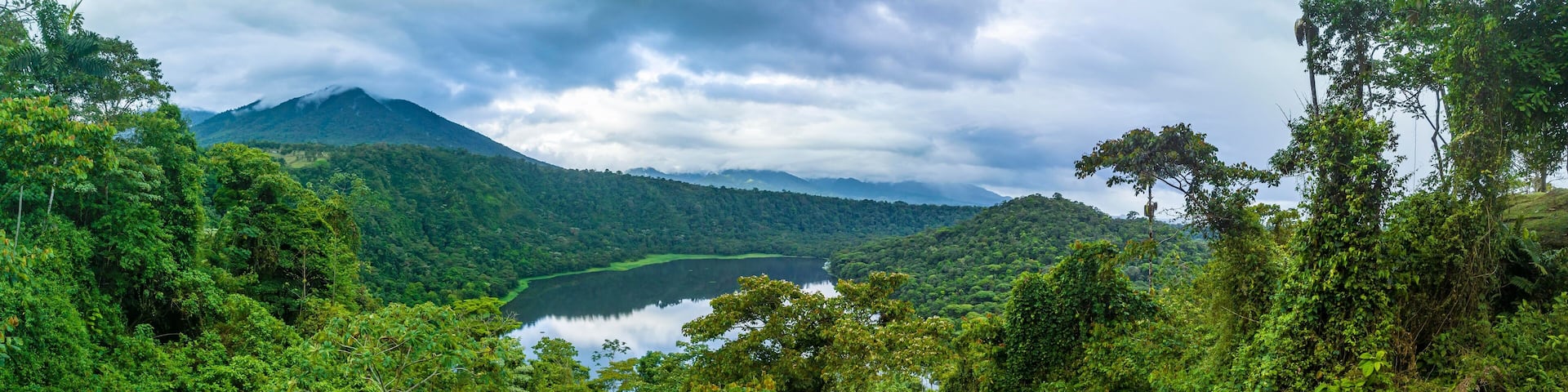 Aerial view, panorama, lake and rainforest, Laguna Hule, Alajuela province, Costa Rica, Central America
