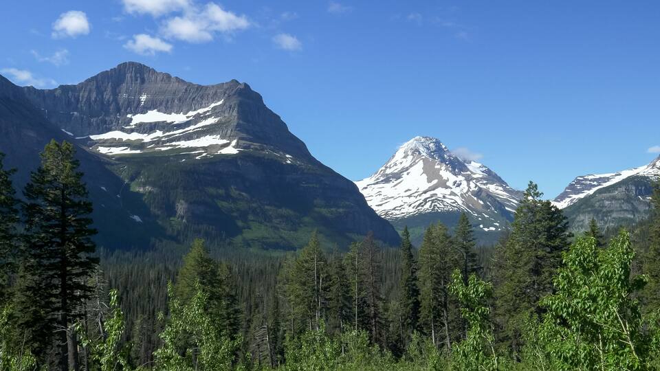 A mountain range with snow-capped peaks, dense forests, and a clear blue sky.