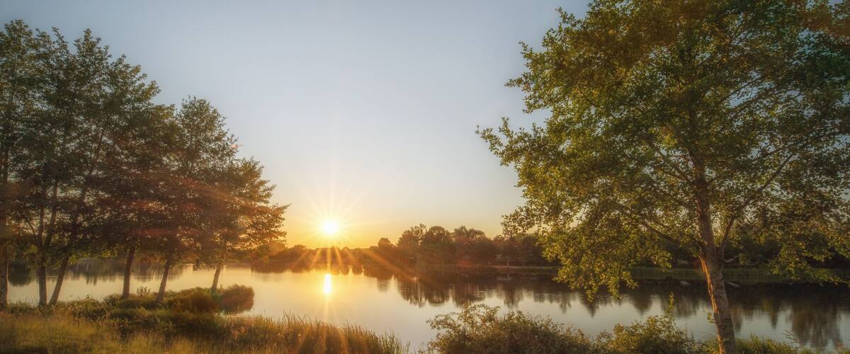 A sunset over a calm lake with trees reflecting the sky.