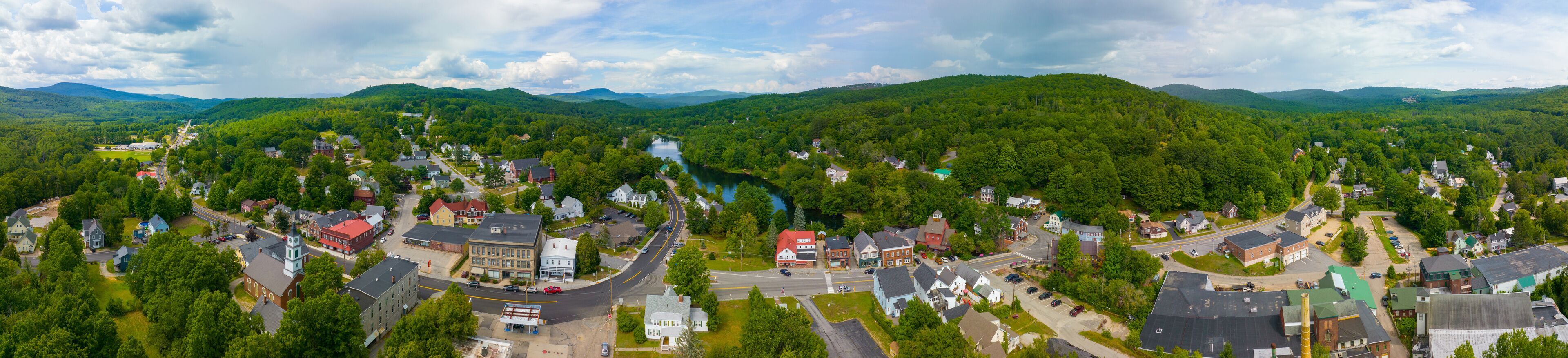 Ashland historic town center aerial view on Highland Street in summer, Ashland, New Hampshire NH, USA. 