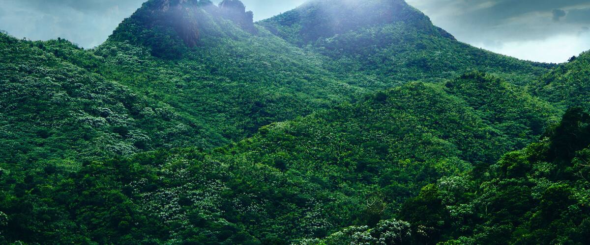 A lush green mountain range under a cloudy sky.