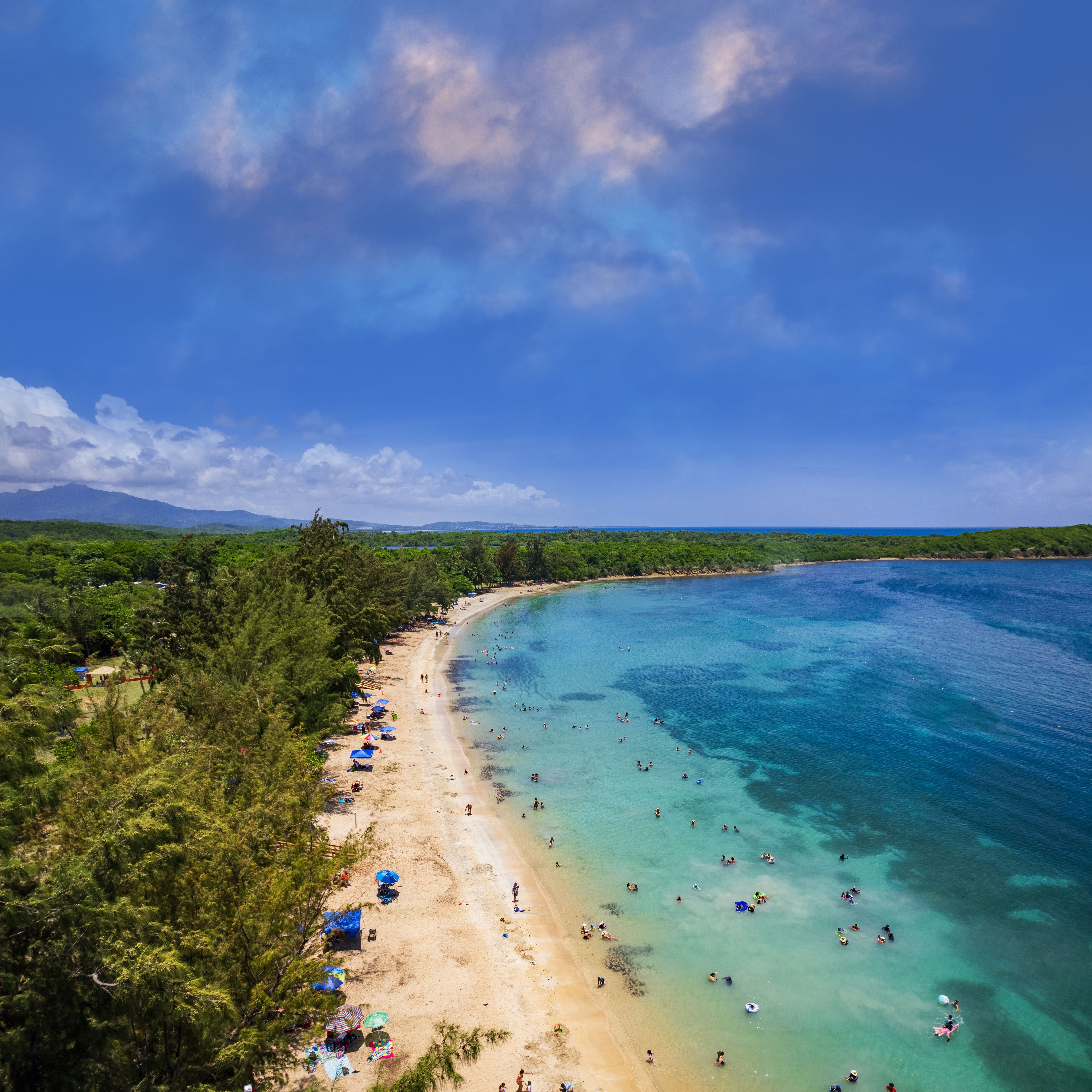 A beach with clear turquoise waters, people swimming, and lush greenery along the shore.
