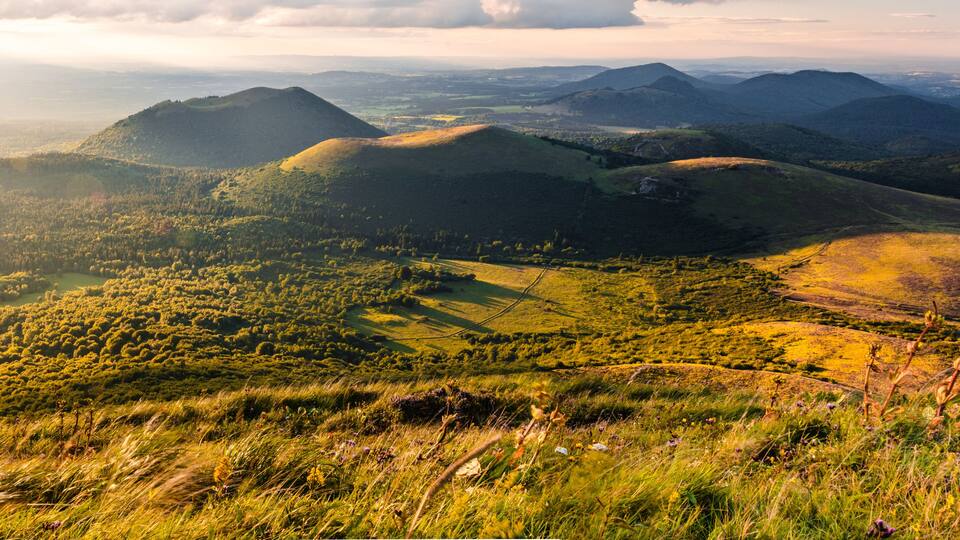 A mountainous landscape with rolling hills and dense forests.