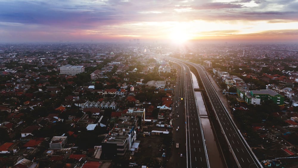 Beautiful aerial sunset view of Becakayu Toll way in East Jakarta
