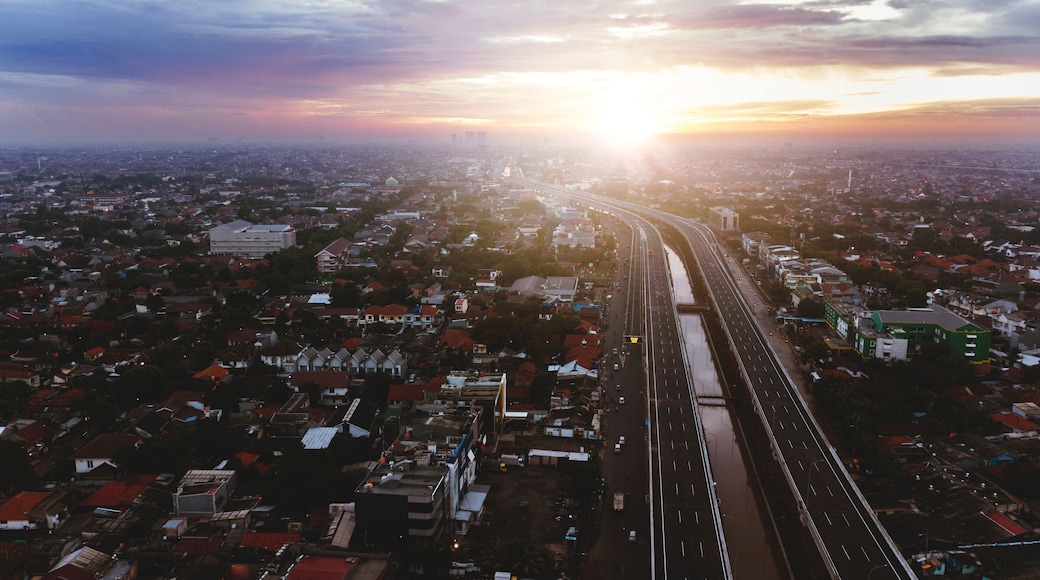 Beautiful aerial sunset view of Becakayu Toll way in East Jakarta