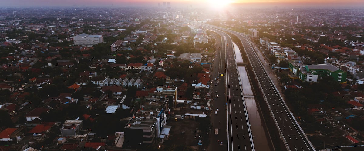 Beautiful aerial sunset view of Becakayu Toll way in East Jakarta