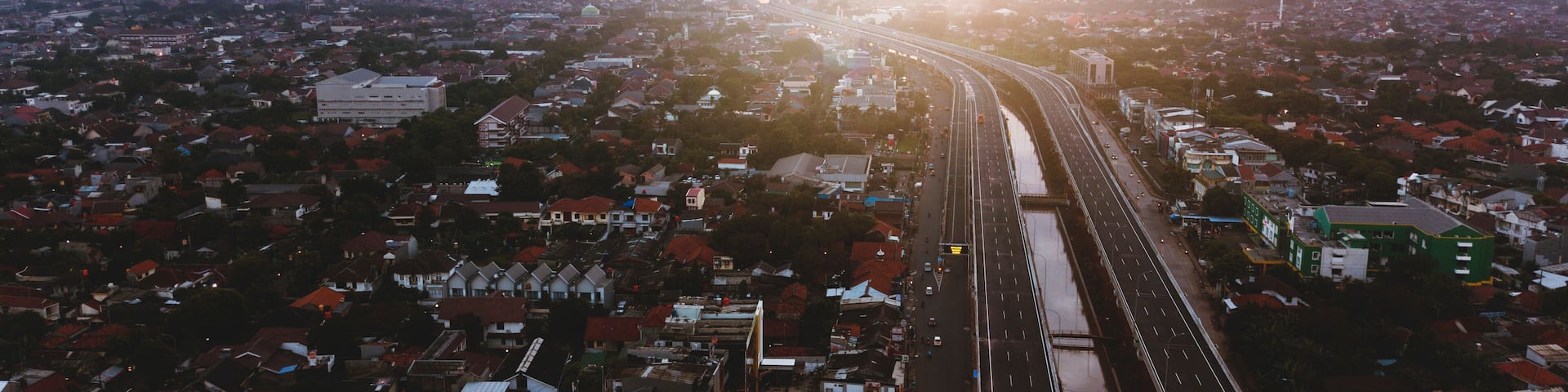 Beautiful aerial sunset view of Becakayu Toll way in East Jakarta